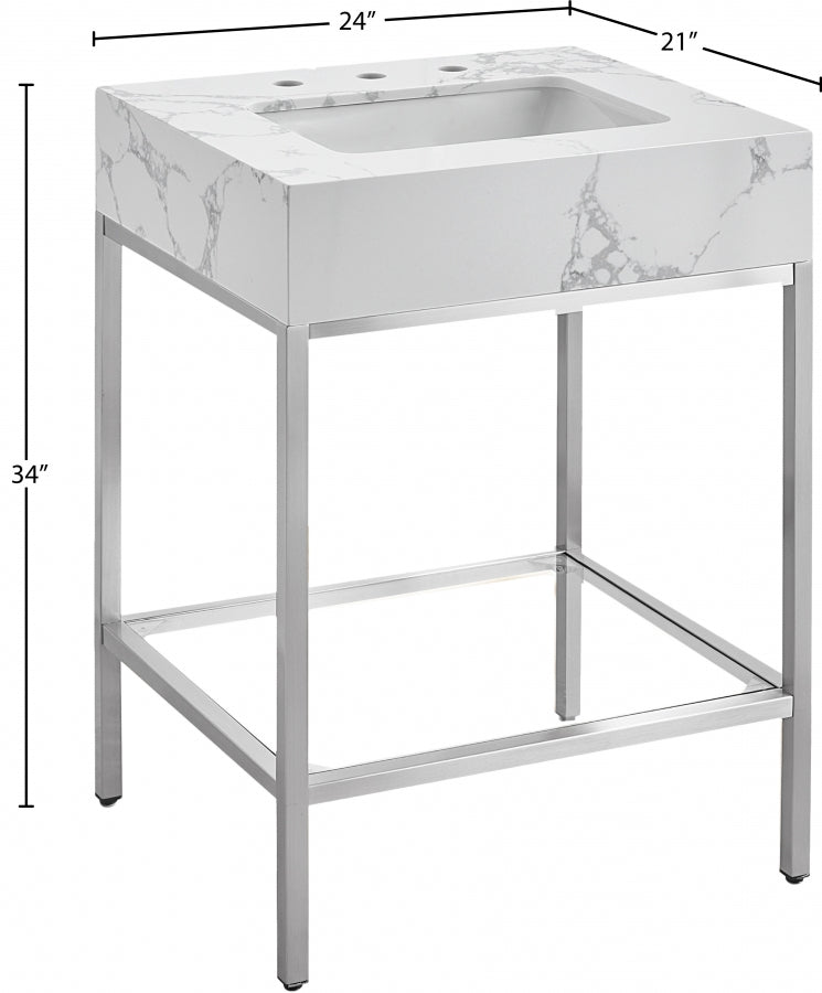 Marmo Engineered Stone Top and Brushed Chrome, Steel And Glass Base Vanity