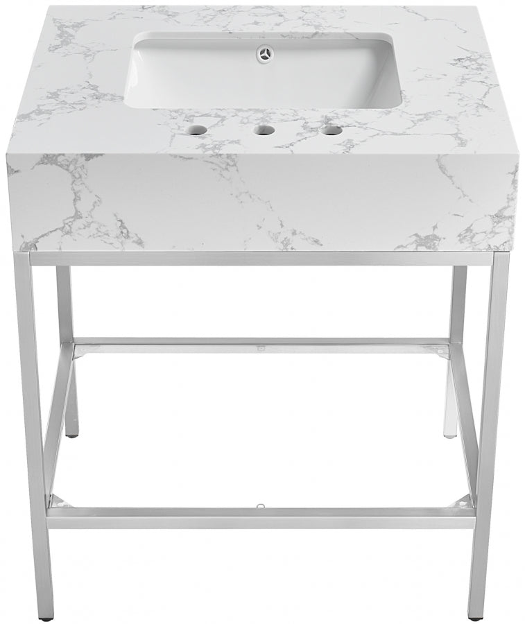 Marmo Engineered Stone Top and Brushed Chrome, Steel And Glass Base Vanity