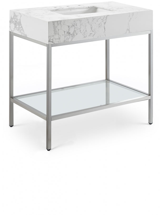 Marmo Engineered Stone Top and Brushed Chrome, Steel And Glass Base Vanity
