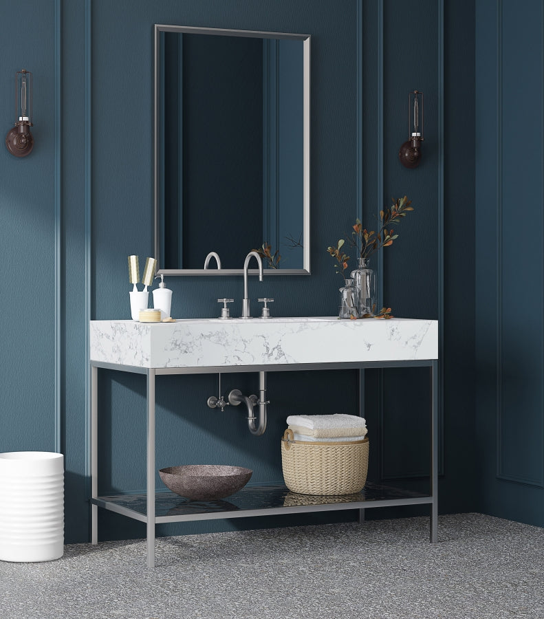 Marmo Engineered Stone Top and Brushed Chrome, Steel And Glass Base Vanity