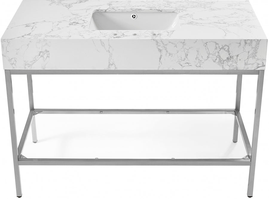 Marmo Engineered Stone Top and Brushed Chrome, Steel And Glass Base Vanity