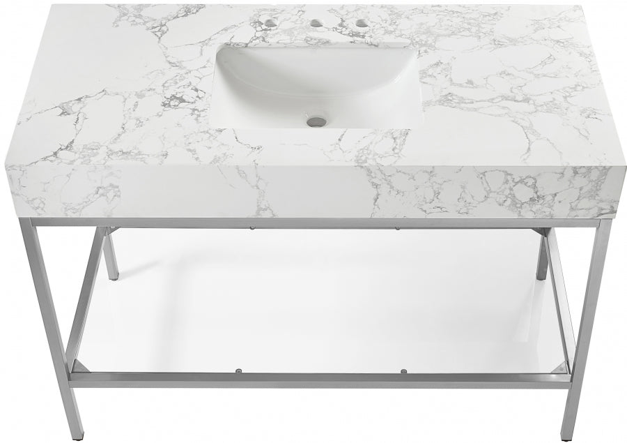 Marmo Engineered Stone Top and Brushed Chrome, Steel And Glass Base Vanity
