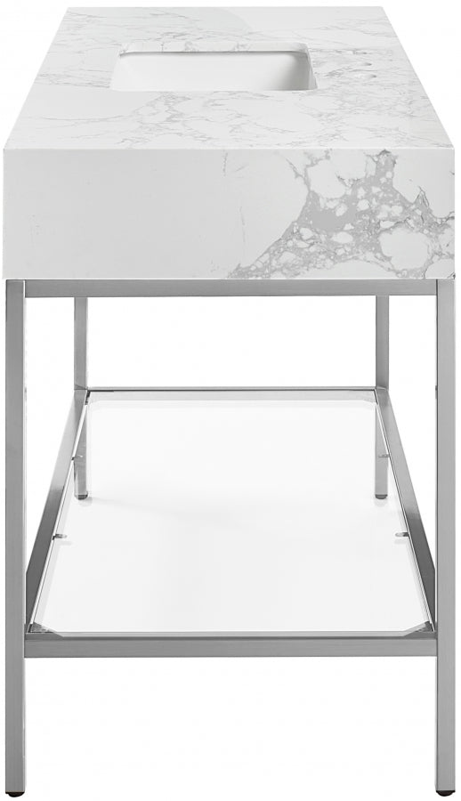 Marmo Engineered Stone Top and Brushed Chrome, Steel And Glass Base Vanity