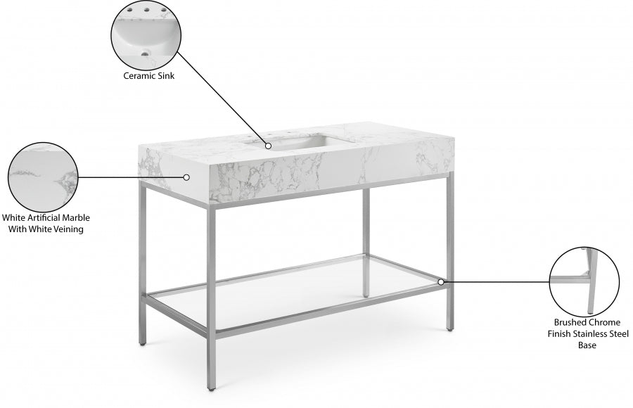 Marmo Engineered Stone Top and Brushed Chrome, Steel And Glass Base Vanity