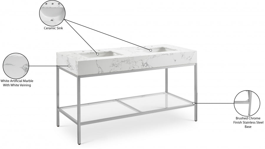 Marmo Engineered Stone Top and Brushed Chrome, Steel And Glass Base Vanity