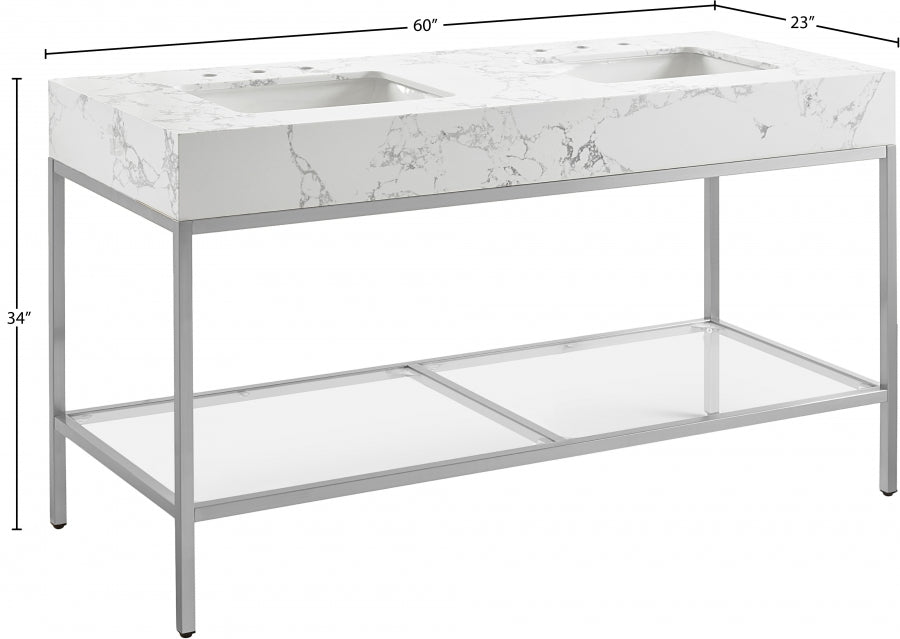 Marmo Engineered Stone Top and Brushed Chrome, Steel And Glass Base Vanity