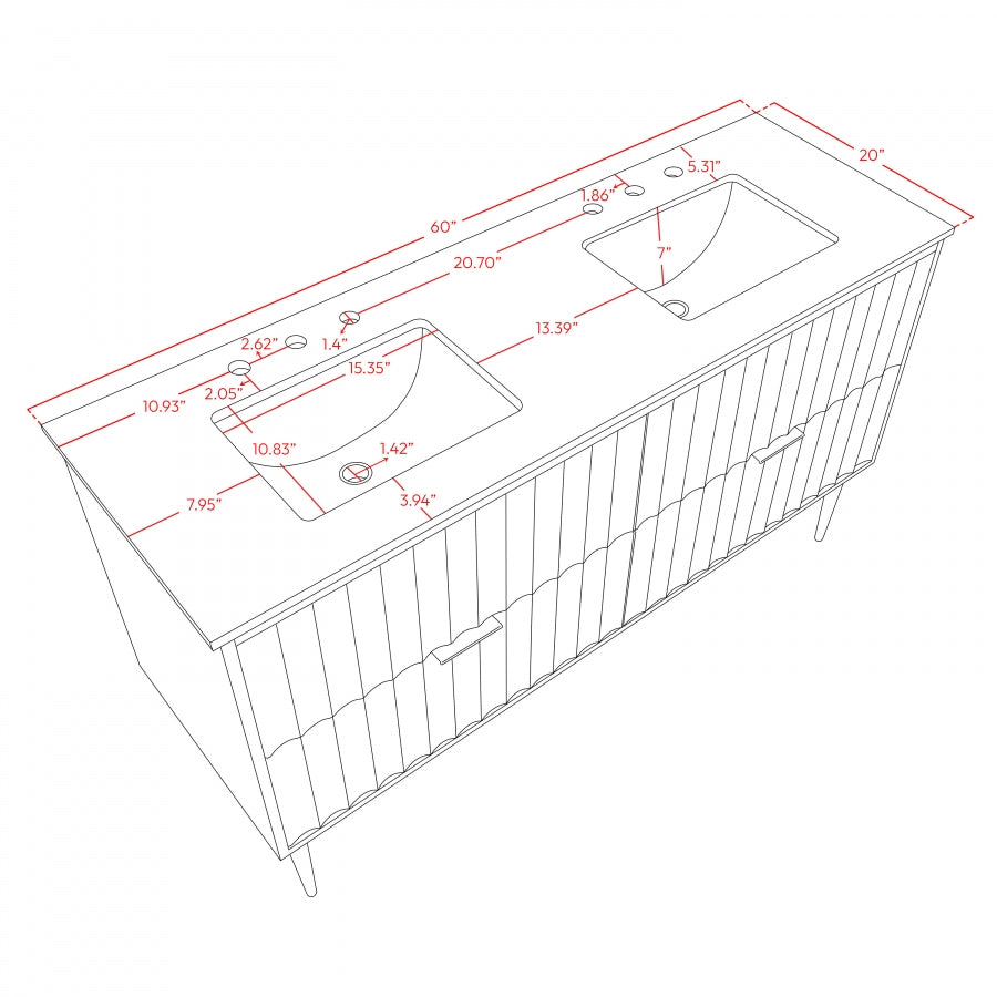 Modernist 60" Engineered Stone Top And Solid Wood Base Bathroom Vanity