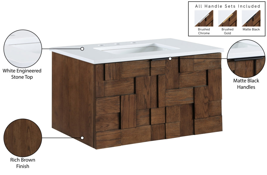 Leonardo 30" White Engineered Stone And Solid Wood Wall Mounted Bathroom Vanity