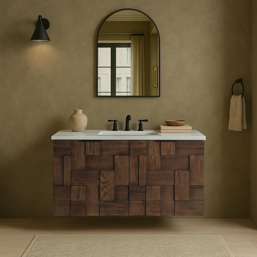 Leonardo White Engineered Stone And Solid Wood Wall Mounted Bathroom Vanity