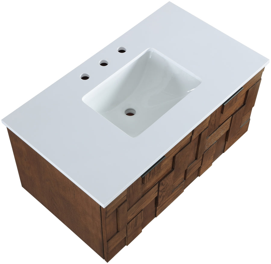 Leonardo White Engineered Stone And Solid Wood Wall Mounted Bathroom Vanity