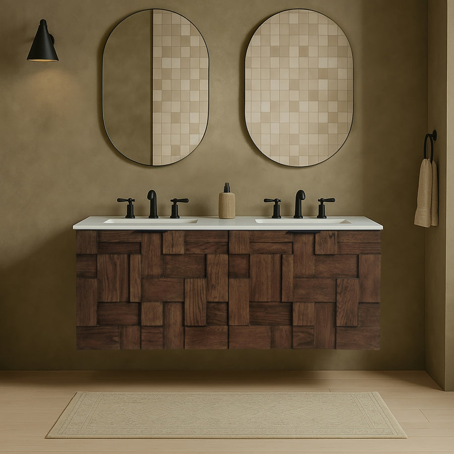 Leonardo White Engineered Stone And Solid Wood Wall Mounted Bathroom Vanity