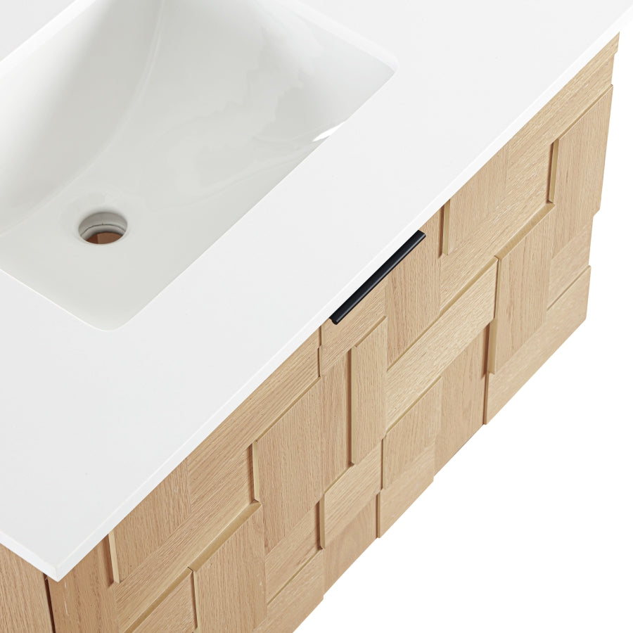 Leonardo White Engineered Stone And Solid Wood Wall Mounted Bathroom Vanity