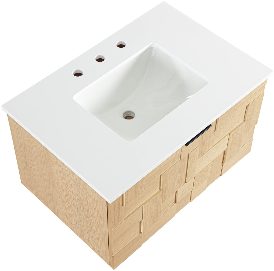 Leonardo White Engineered Stone And Solid Wood Wall Mounted Bathroom Vanity