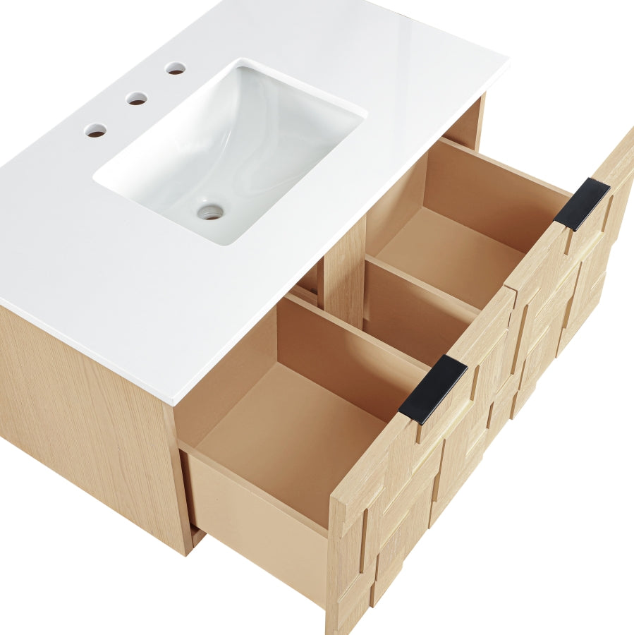 Leonardo White Engineered Stone And Solid Wood Wall Mounted Bathroom Vanity