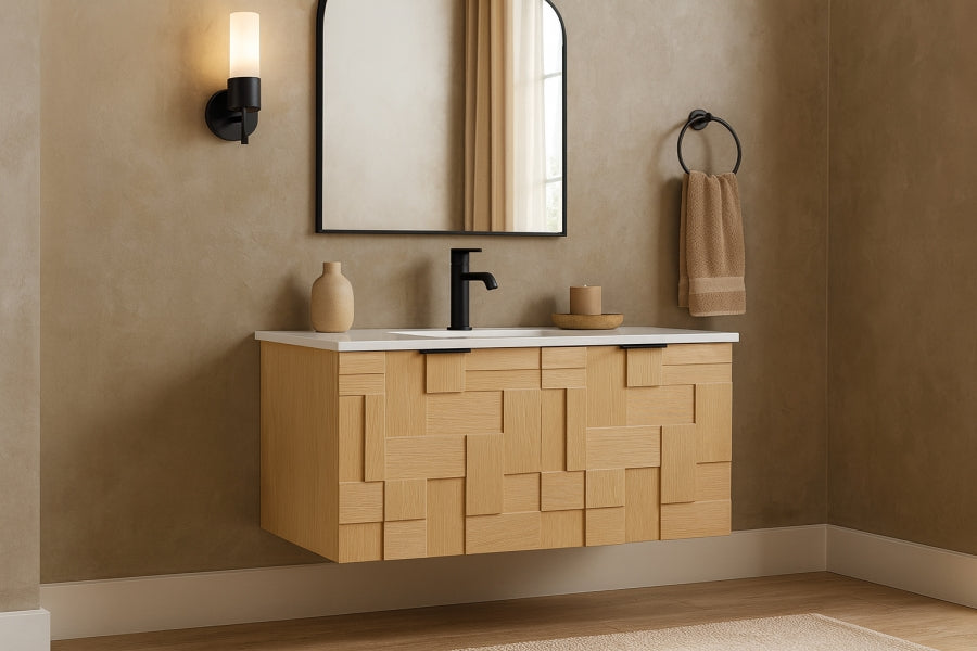 Leonardo White Engineered Stone And Solid Wood Wall Mounted Bathroom Vanity