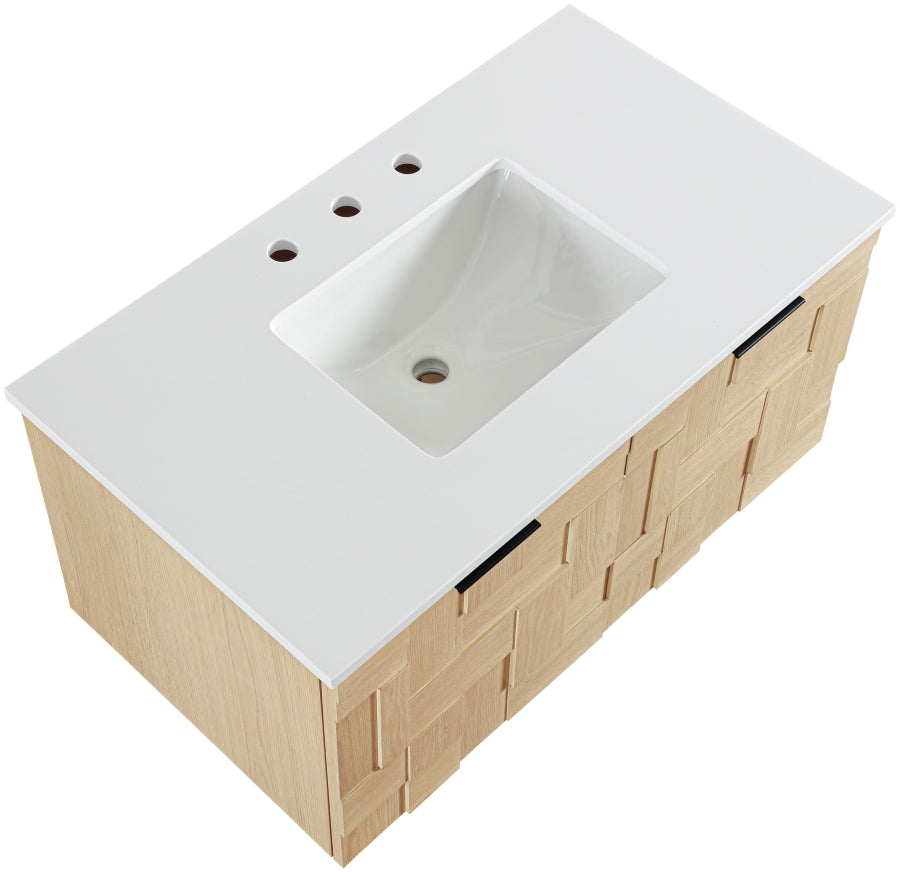 Leonardo White Engineered Stone And Solid Wood Wall Mounted Bathroom Vanity