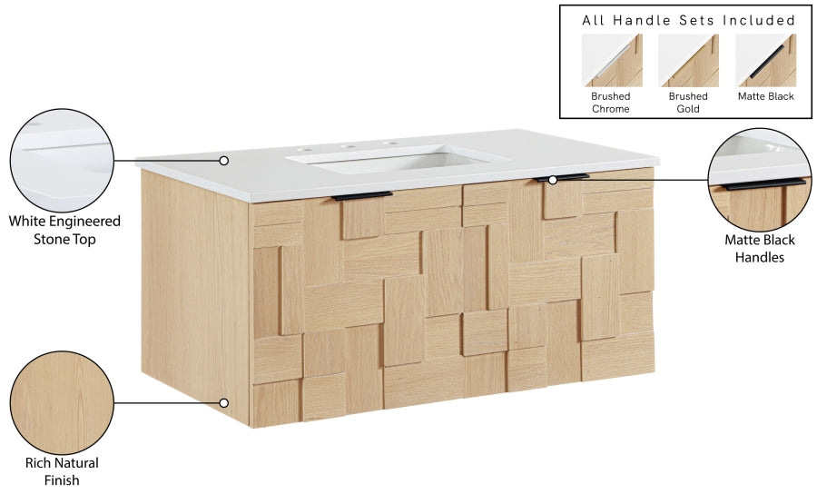 Leonardo 36" White Engineered Stone And Solid Wood Wall Mounted Bathroom Vanity