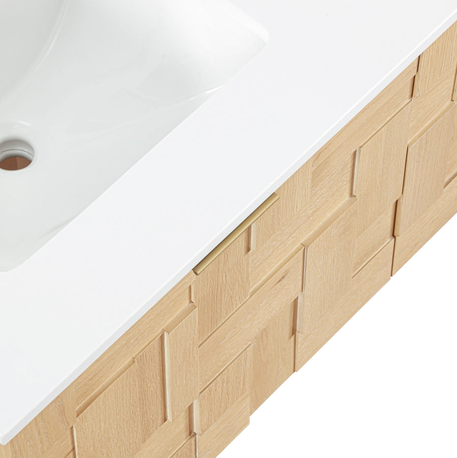 Leonardo White Engineered Stone And Solid Wood Wall Mounted Bathroom Vanity
