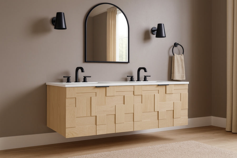 Leonardo White Engineered Stone And Solid Wood Wall Mounted Bathroom Vanity