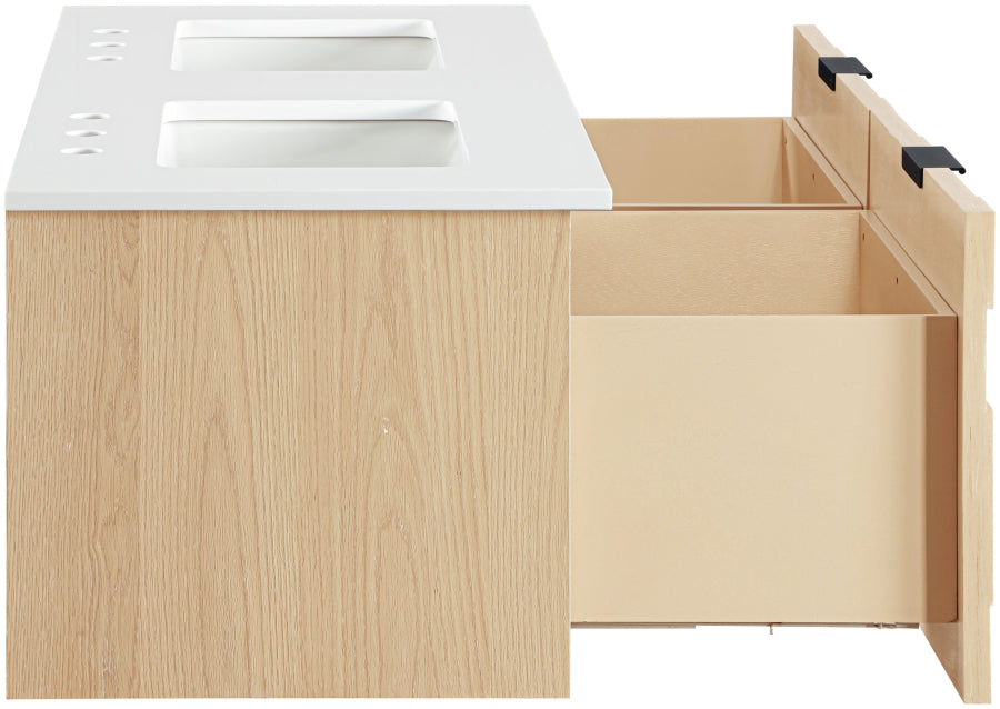 Leonardo White Engineered Stone And Solid Wood Wall Mounted Bathroom Vanity