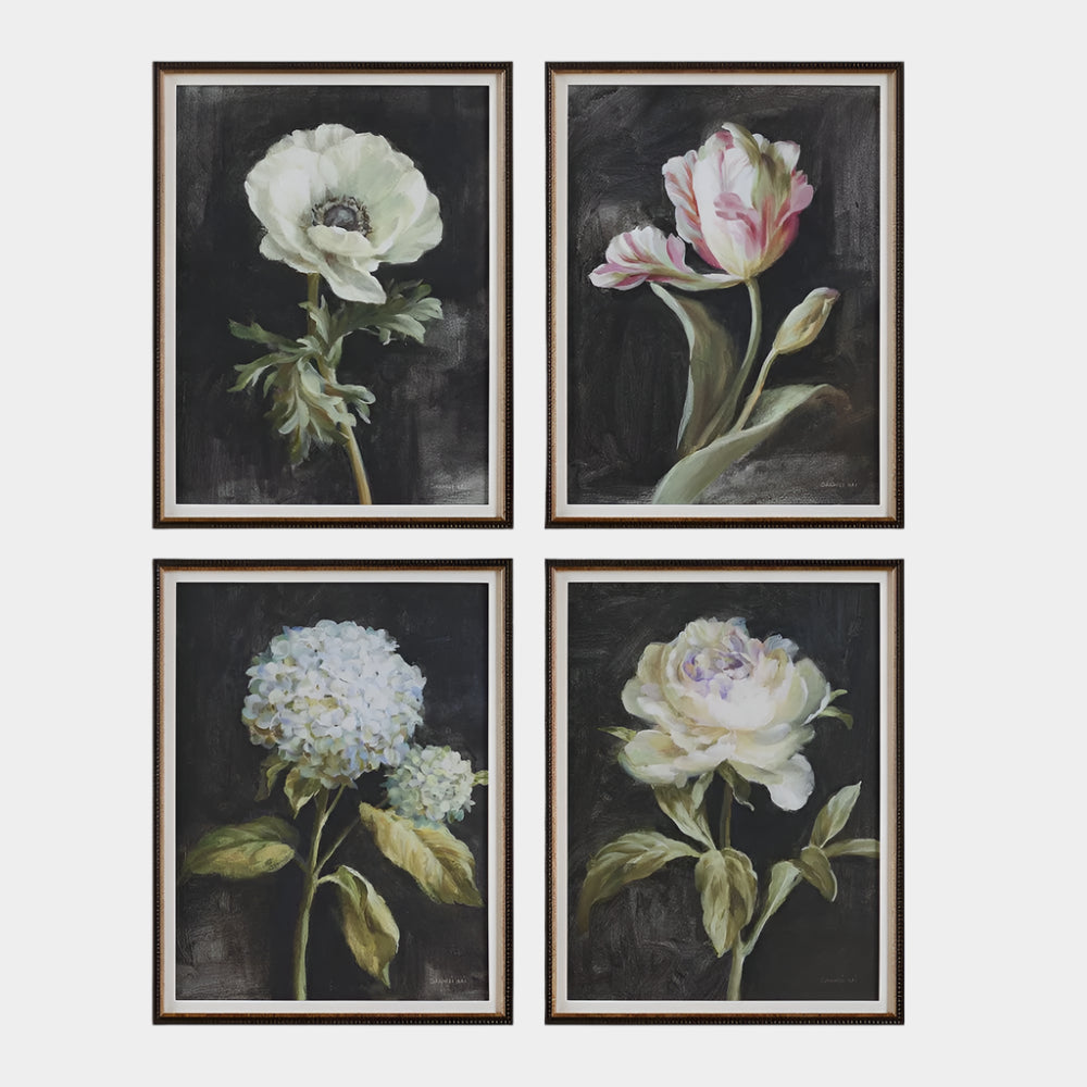 Florals on Black Framed Prints, S/4