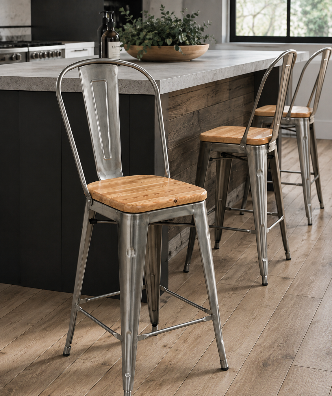 Tolix dossier haut avec siège en bois (comptoir/bar)