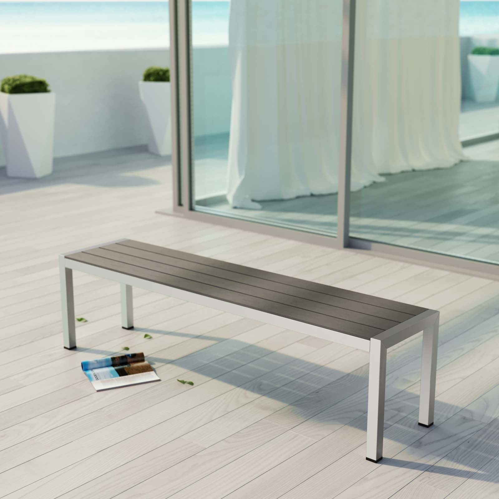 Shore Outdoor Patio Aluminum Bench in Silver Gray