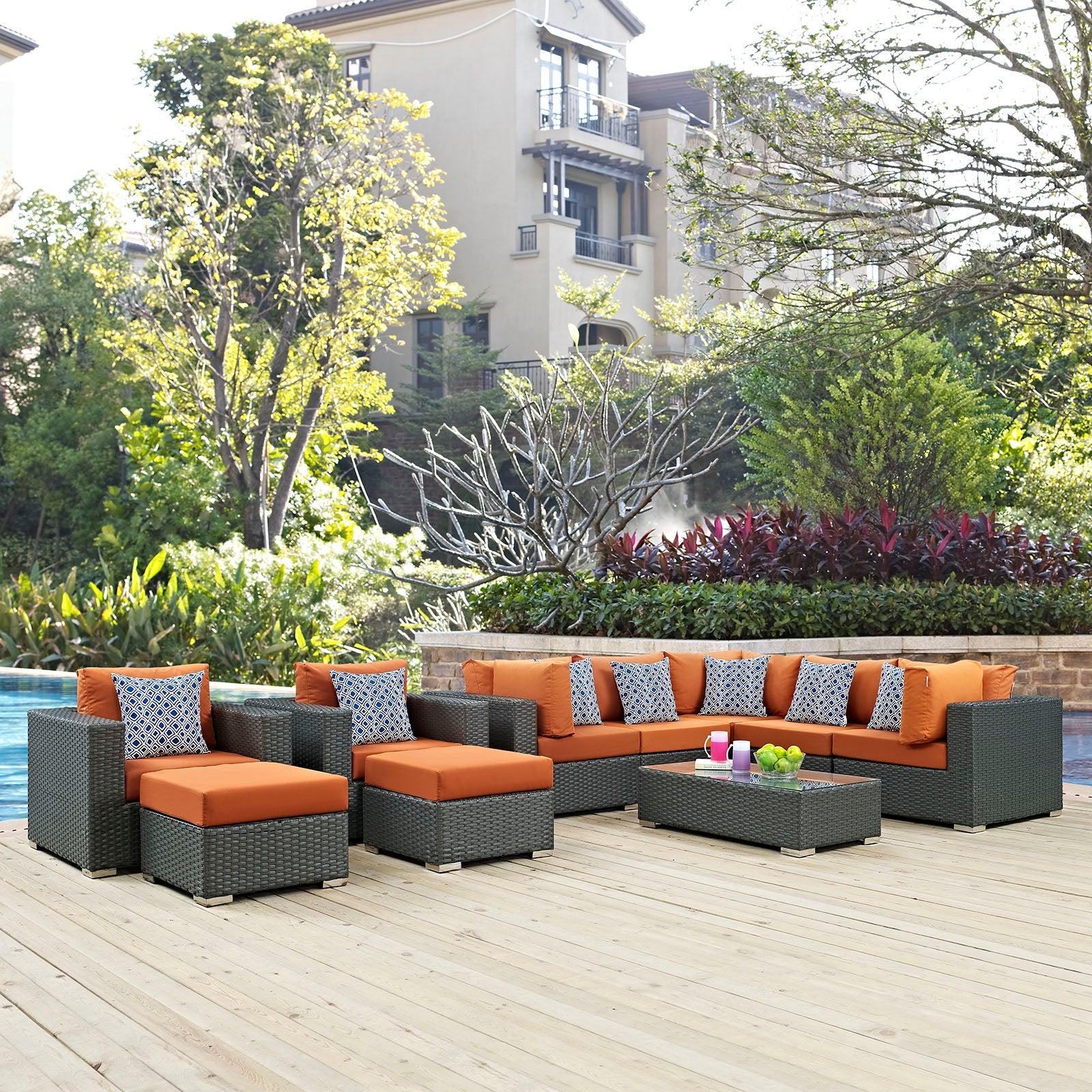 Sojourn 10 Piece Outdoor Patio Sunbrella® Sectional Set in Canvas Tuscan