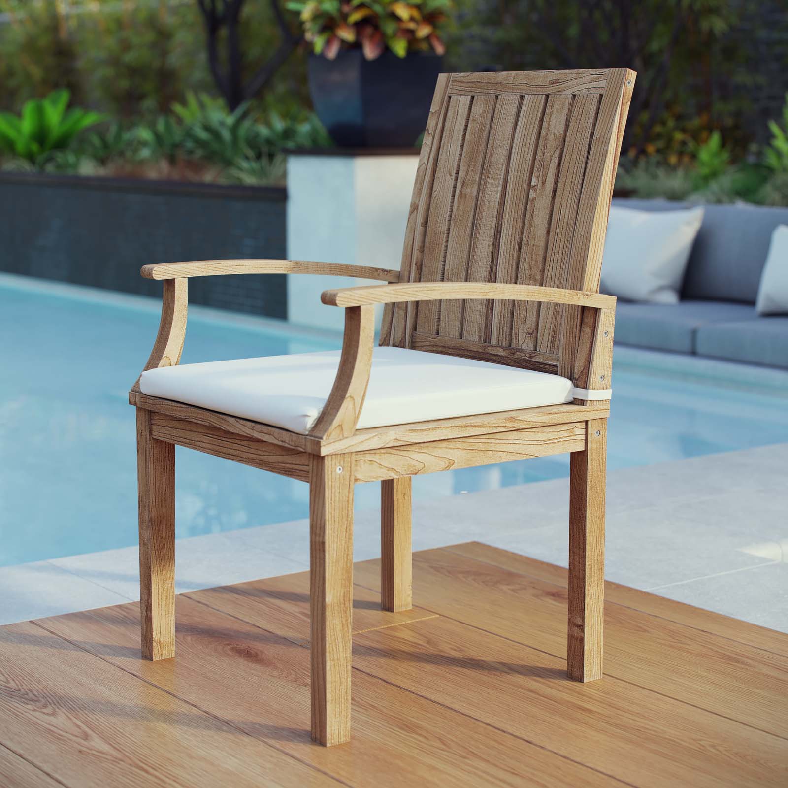 Chaise de salle à manger d'extérieur Marina en teck blanc naturel