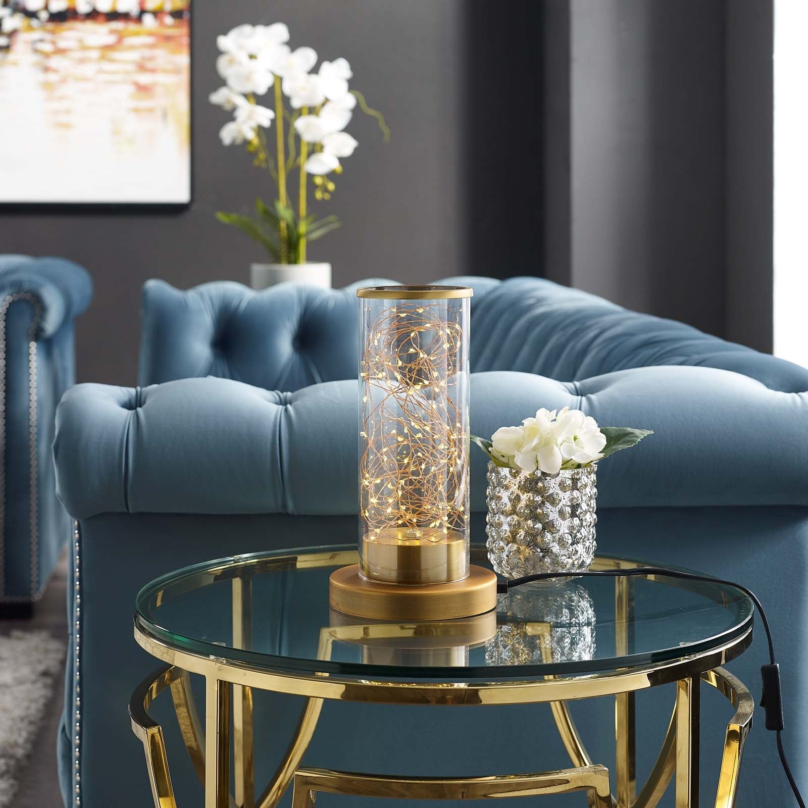 Lampe de table cylindrique en verre transparent et laiton Adore
