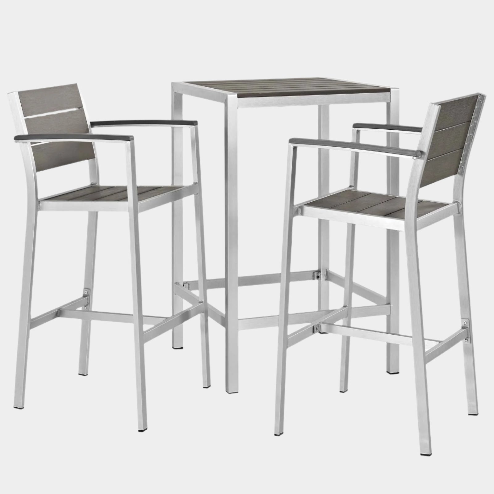Shore 3 Piece Outdoor Patio Aluminum Pub Set in Silver Gray