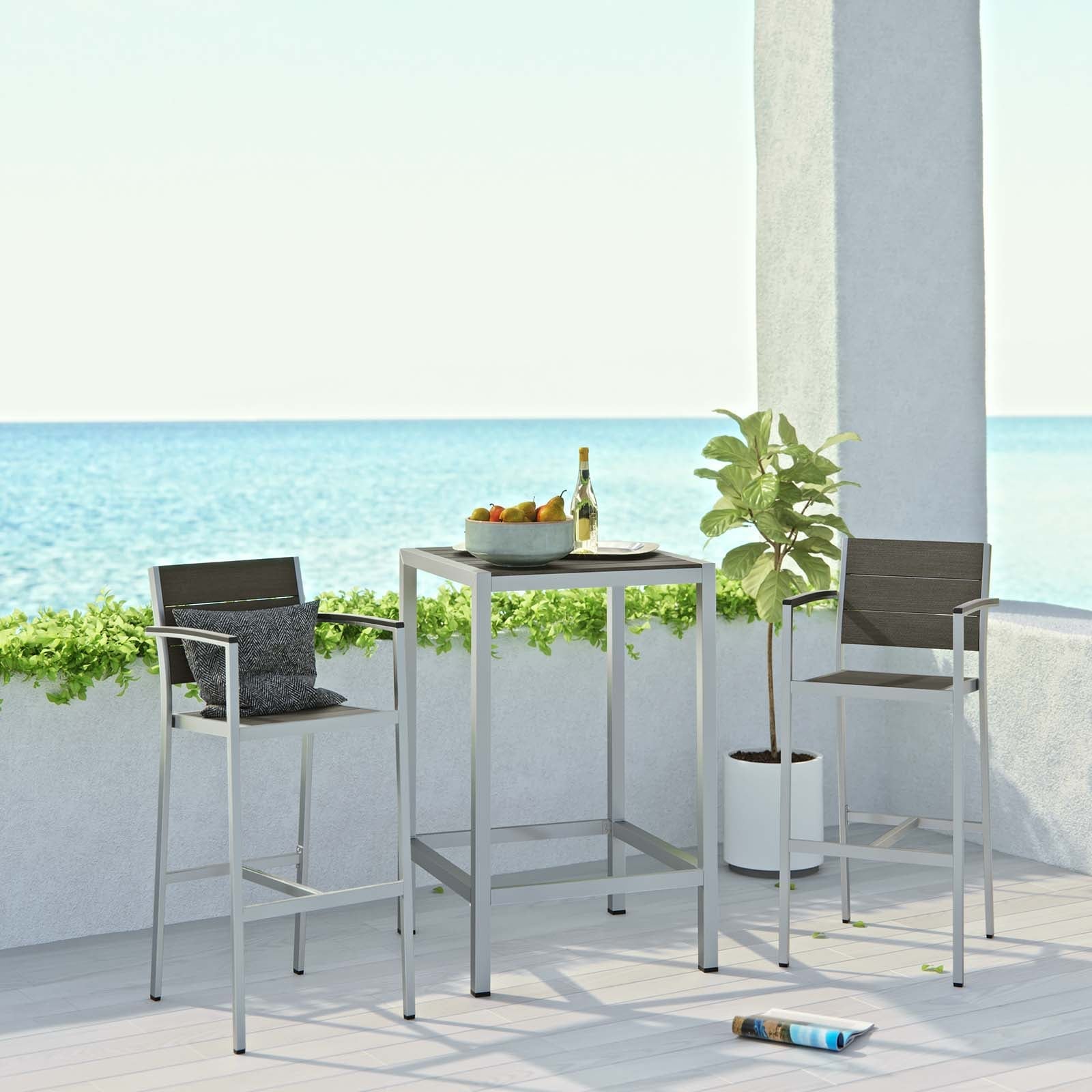 Shore 3 Piece Outdoor Patio Aluminum Pub Set in Silver Gray
