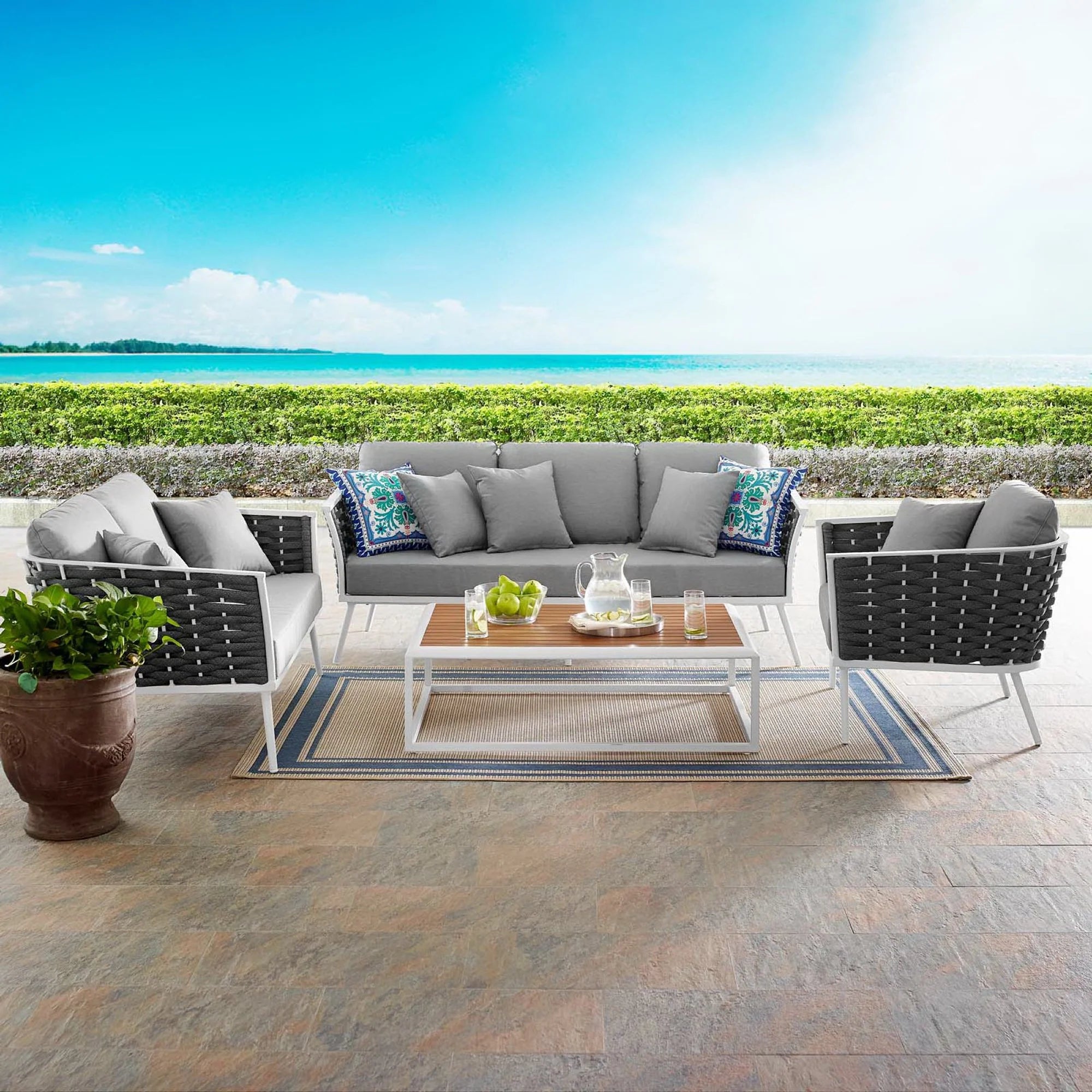Stance 4 Piece Outdoor Aluminum Sectional Sofa Set in White Gray