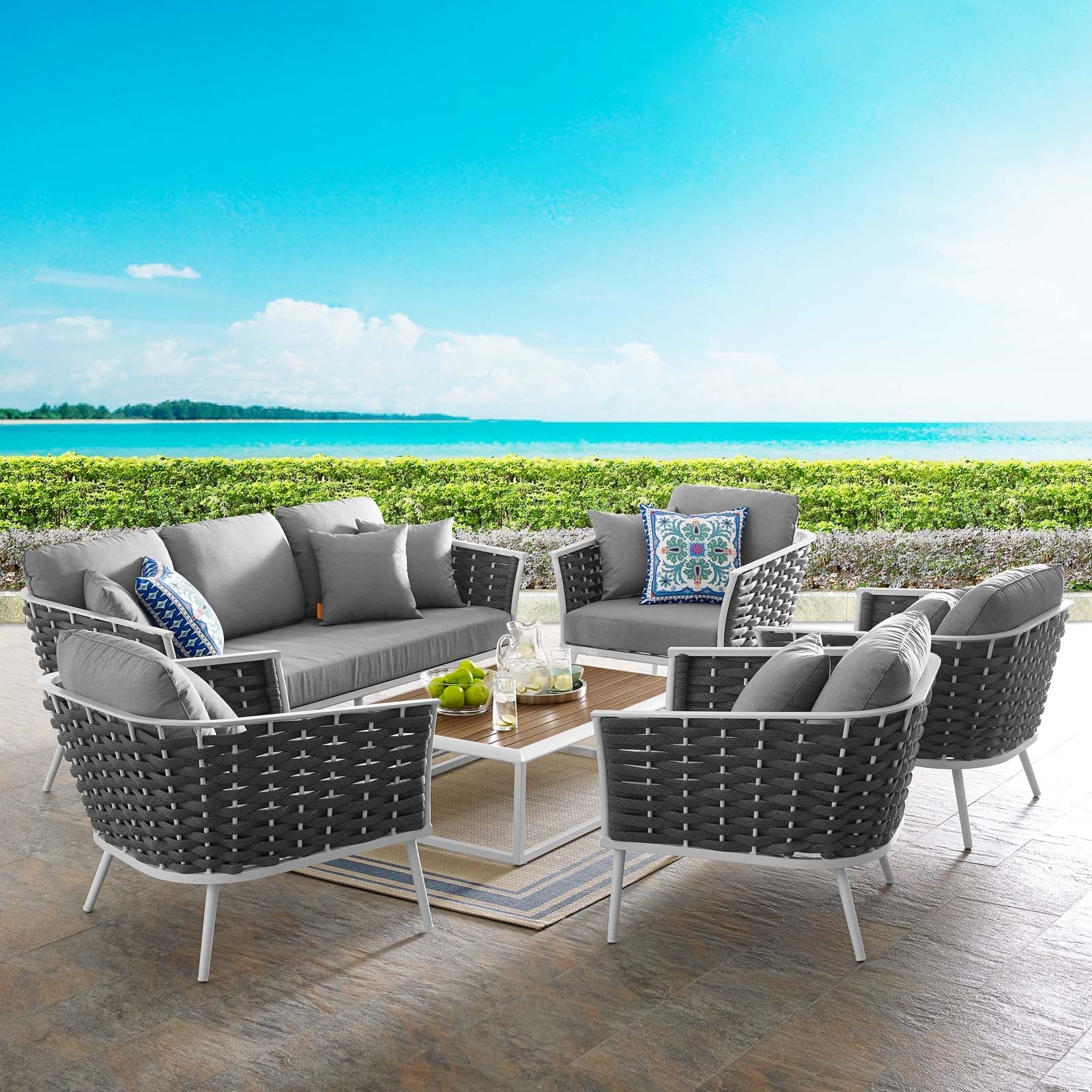Stance 6 Piece Outdoor Patio Aluminum Sectional Sofa Set in White Gray