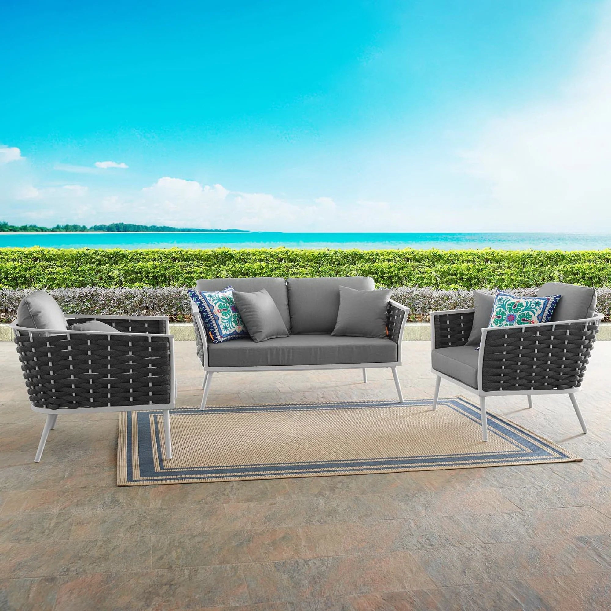 Stance 3 Piece Outdoor Aluminum Sectional Sofa Set in White Gray
