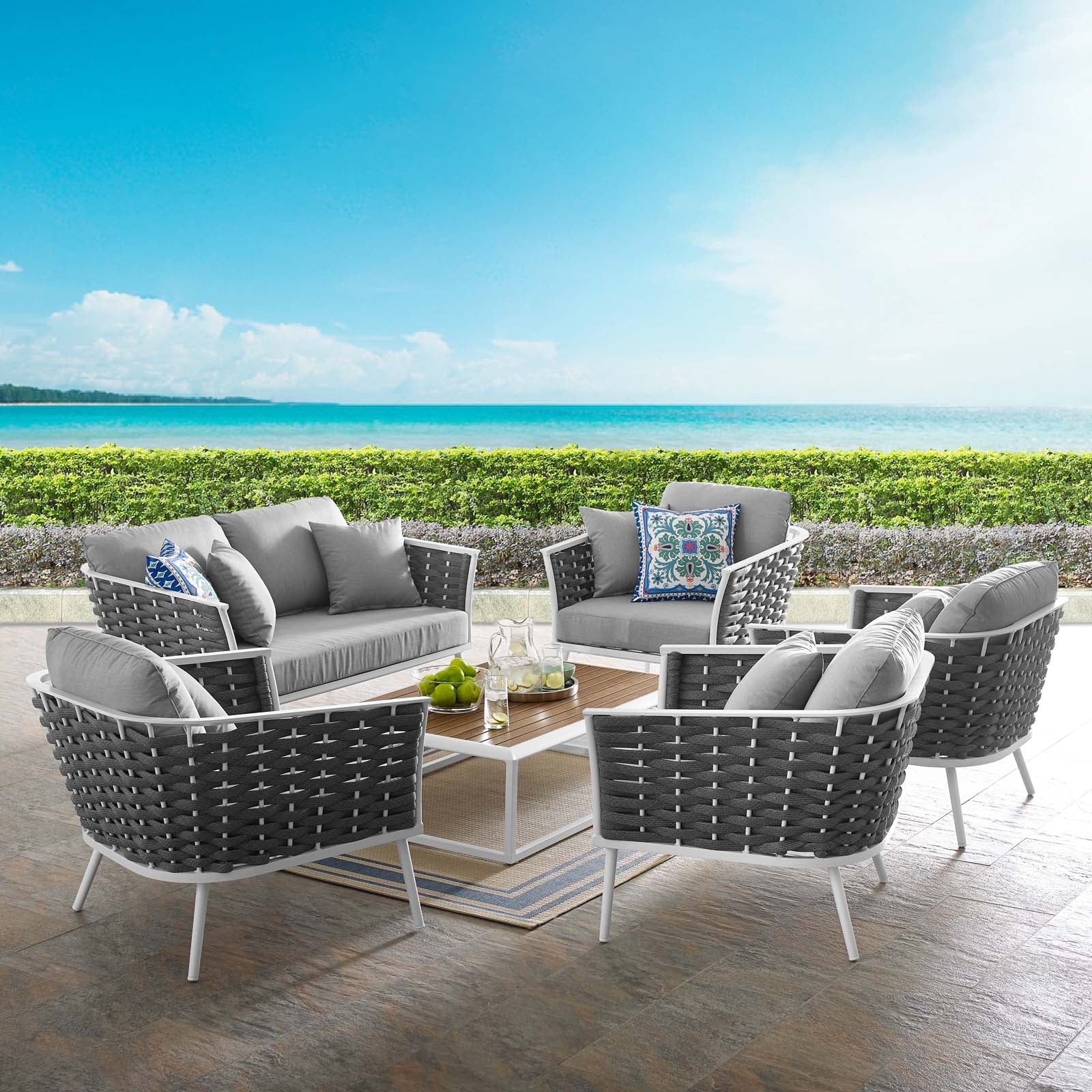 Stance 6 Piece Outdoor Patio Aluminum Sectional Sofa Set in White Gray