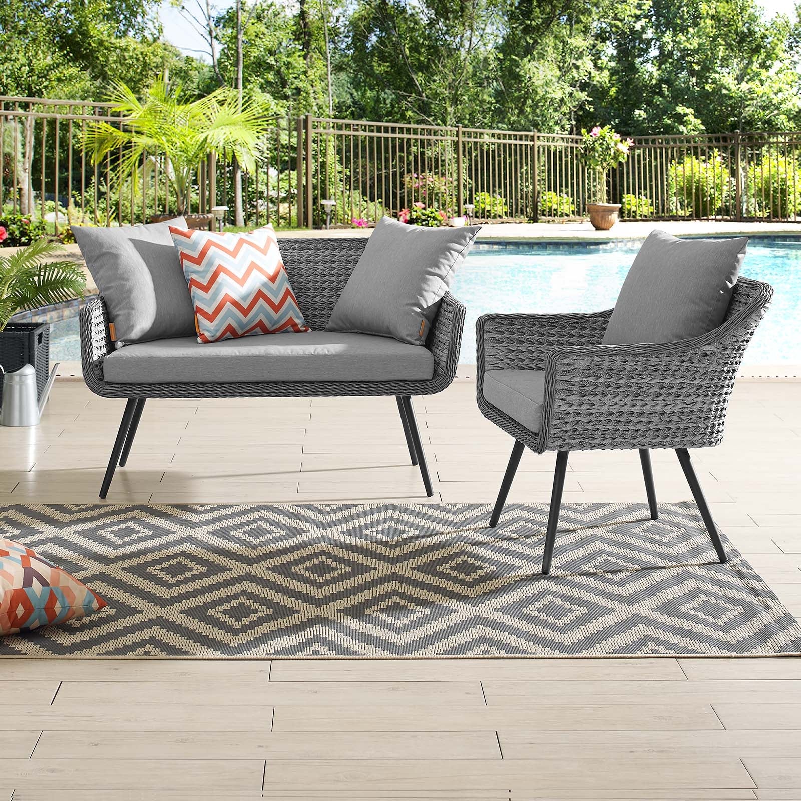 Endeavor 2 Piece Outdoor Patio Wicker Rattan Loveseat and Armchair Set in Gray Gray