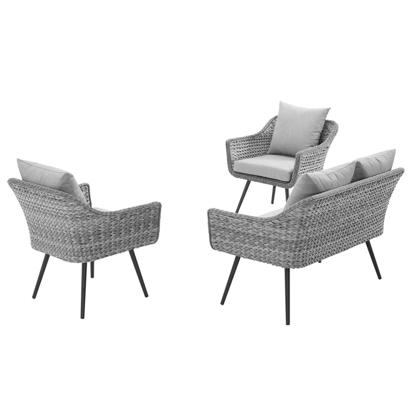 Endeavor 3 Piece Outdoor Patio Wicker Rattan Loveseat and Armchair Set in Gray Gray