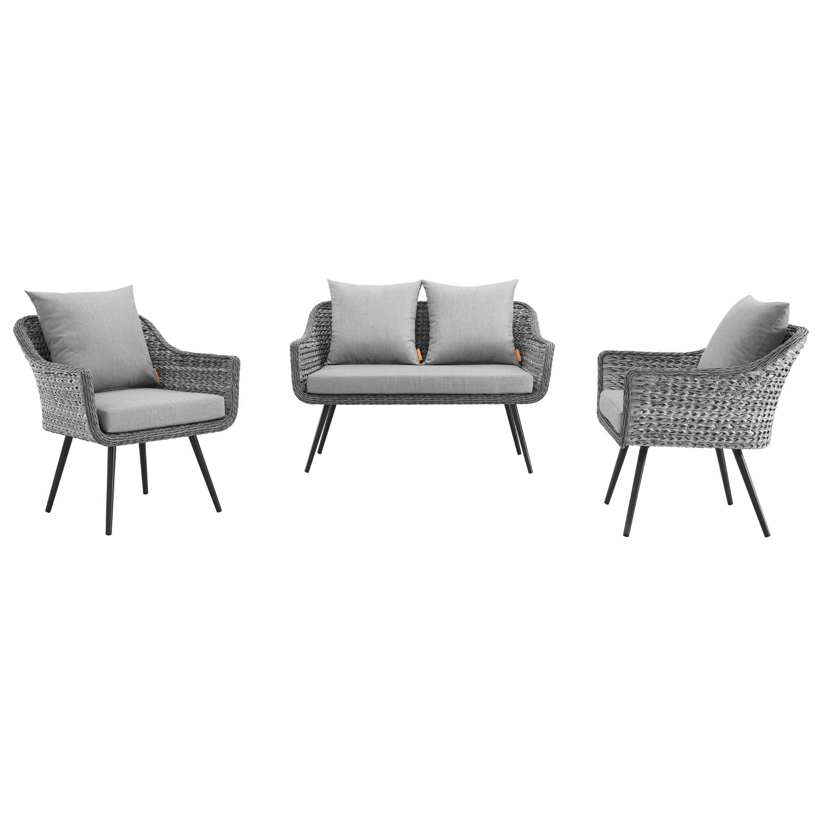 Endeavor 3 Piece Outdoor Patio Wicker Rattan Loveseat and Armchair Set in Gray Gray