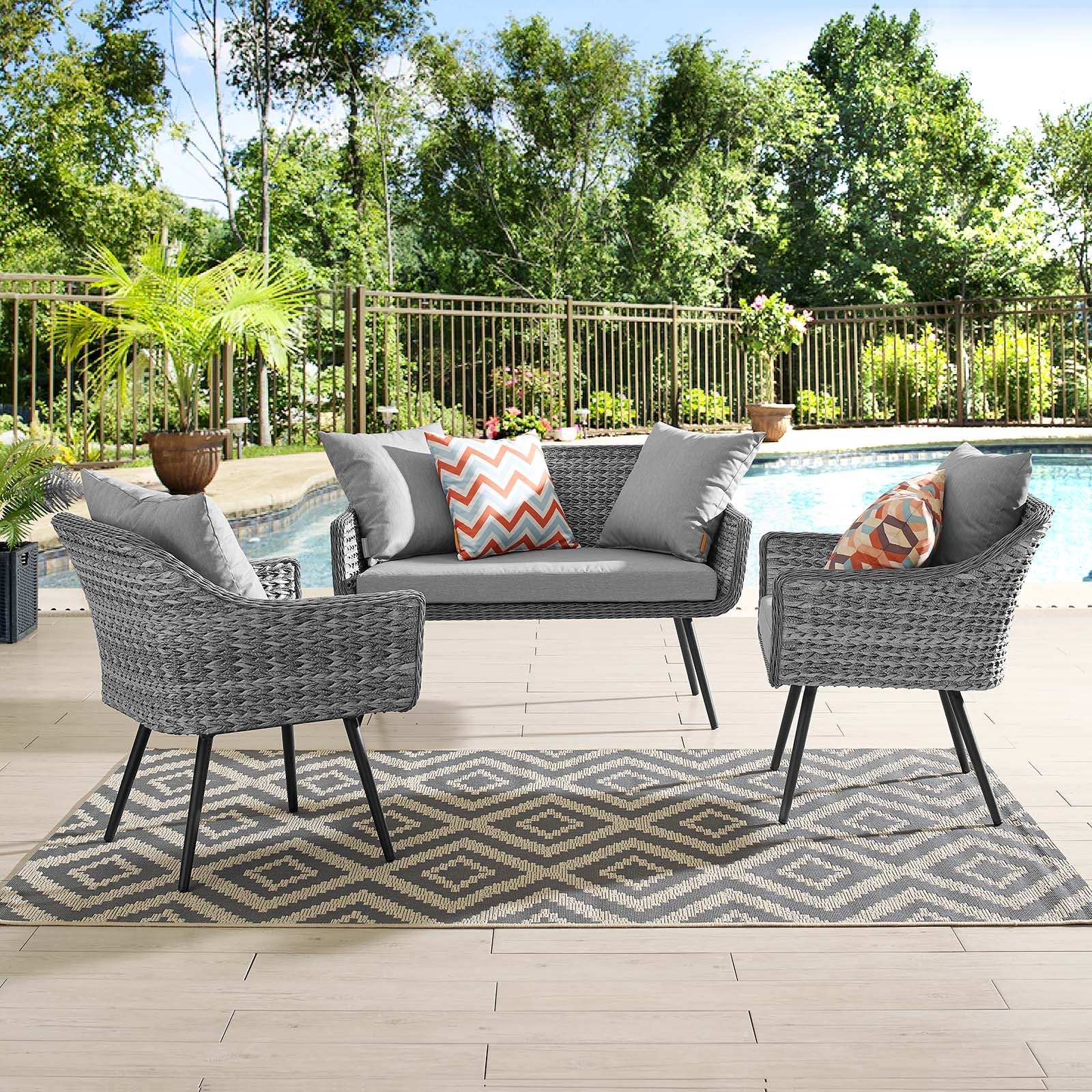 Endeavor 3 Piece Outdoor Patio Wicker Rattan Loveseat and Armchair Set in Gray Gray