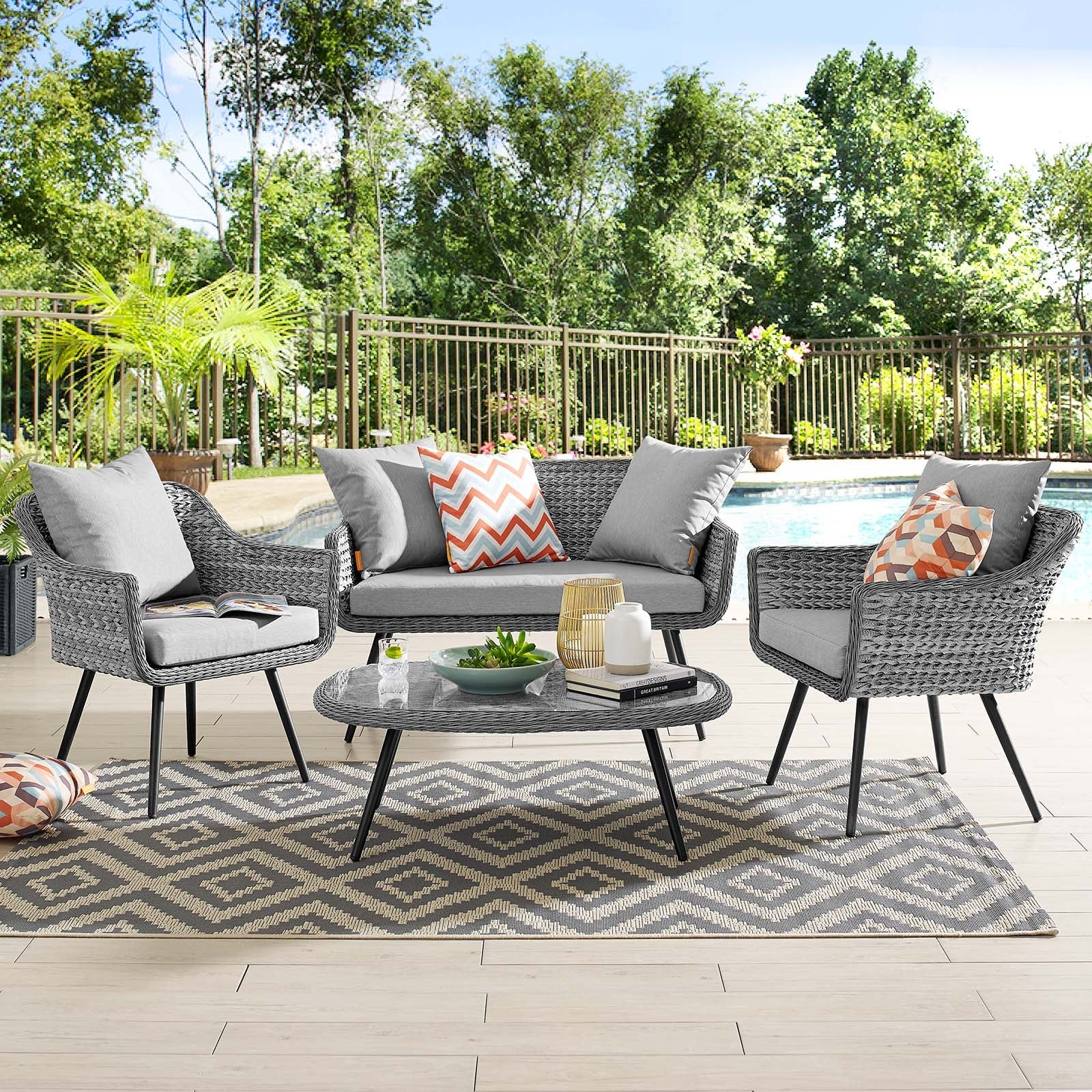 Endeavor 4 Piece Outdoor Patio Wicker Rattan Loveseat Armchair and Coffee Table Set in Gray Gray