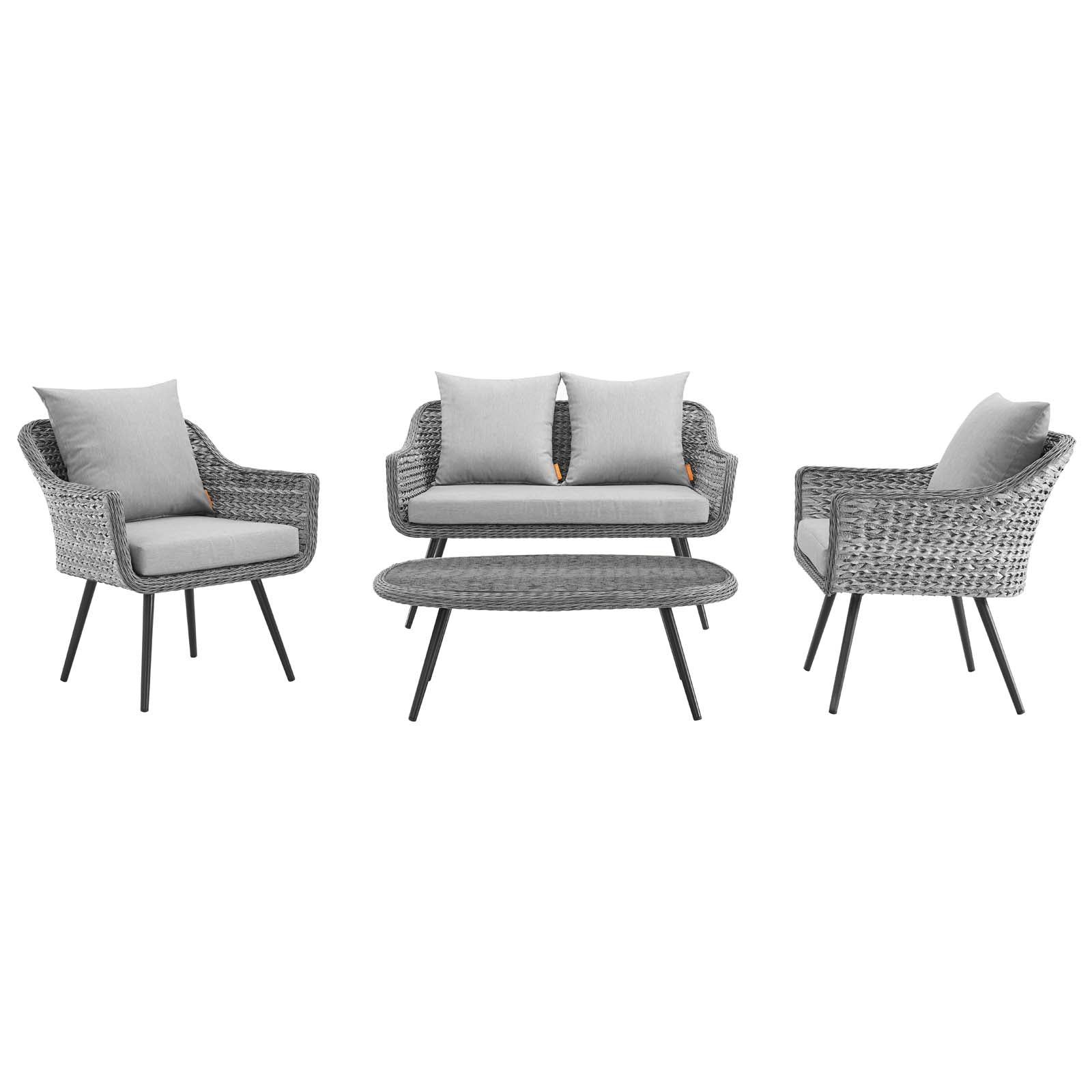 Endeavor 4 Piece Outdoor Patio Wicker Rattan Loveseat Armchair and Coffee Table Set in Gray Gray