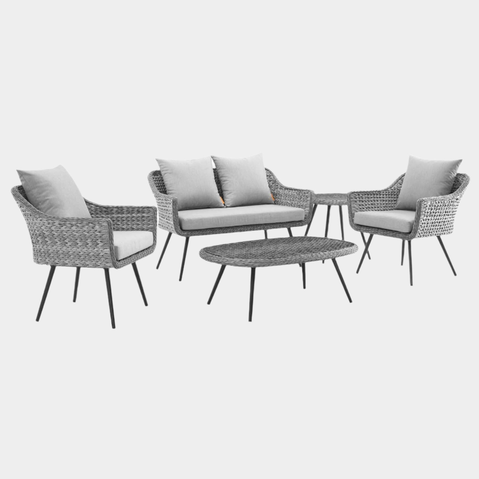 Endeavor 5 Piece Outdoor Patio Wicker Rattan Loveseat Armchair Coffee + Side Table Set in Gray Gray
