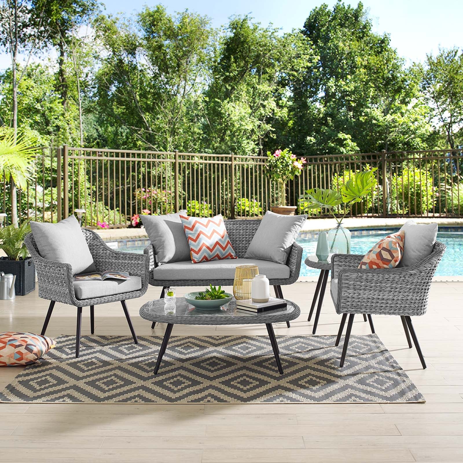 Endeavor 5 Piece Outdoor Patio Wicker Rattan Loveseat Armchair Coffee + Side Table Set in Gray Gray