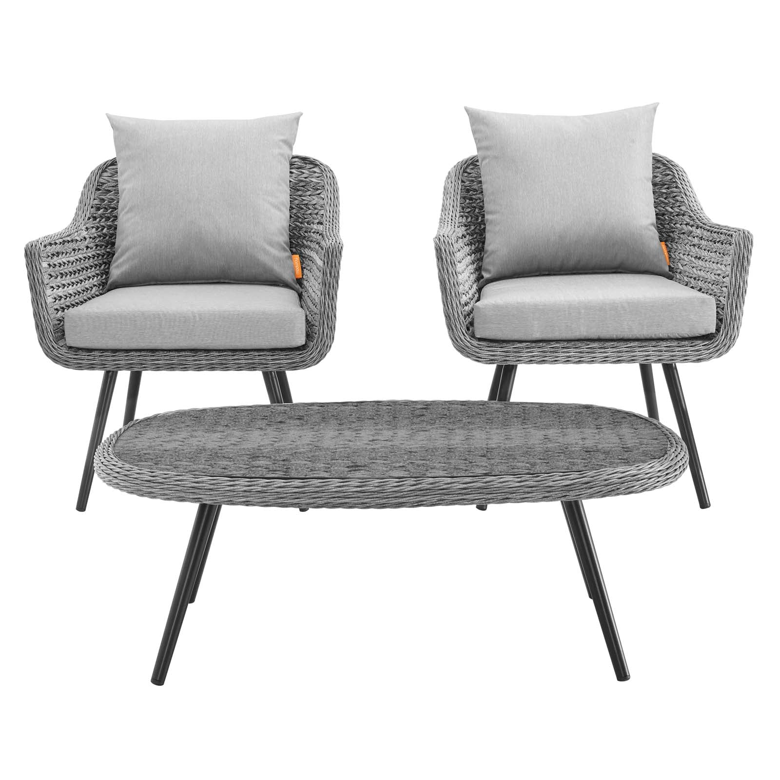 Endeavor 3 Piece Outdoor Patio Wicker Rattan Armchair and Coffee Table Set in Gray Gray