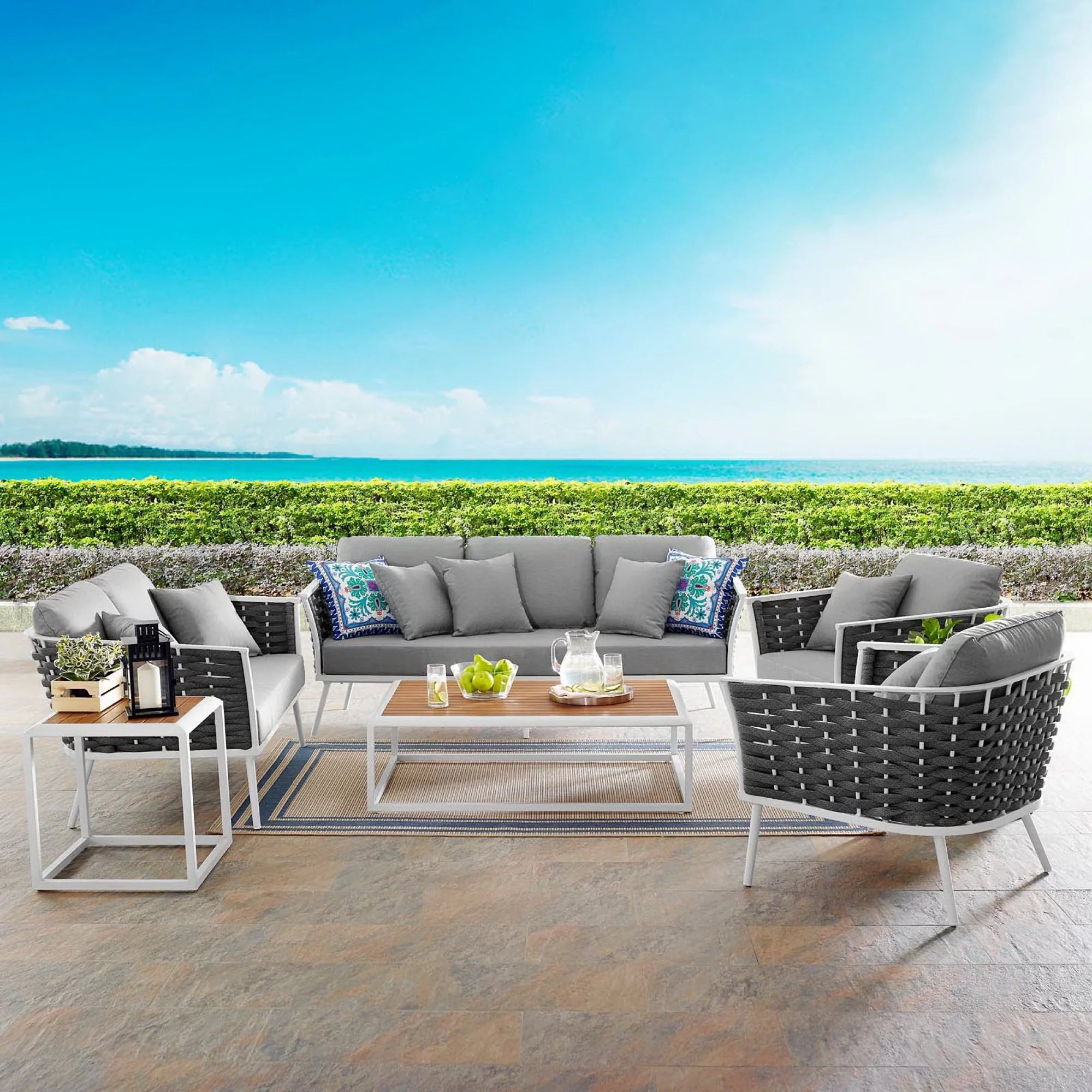 Stance 5 Piece Outdoor Aluminum Sectional Sofa Set in White Gray