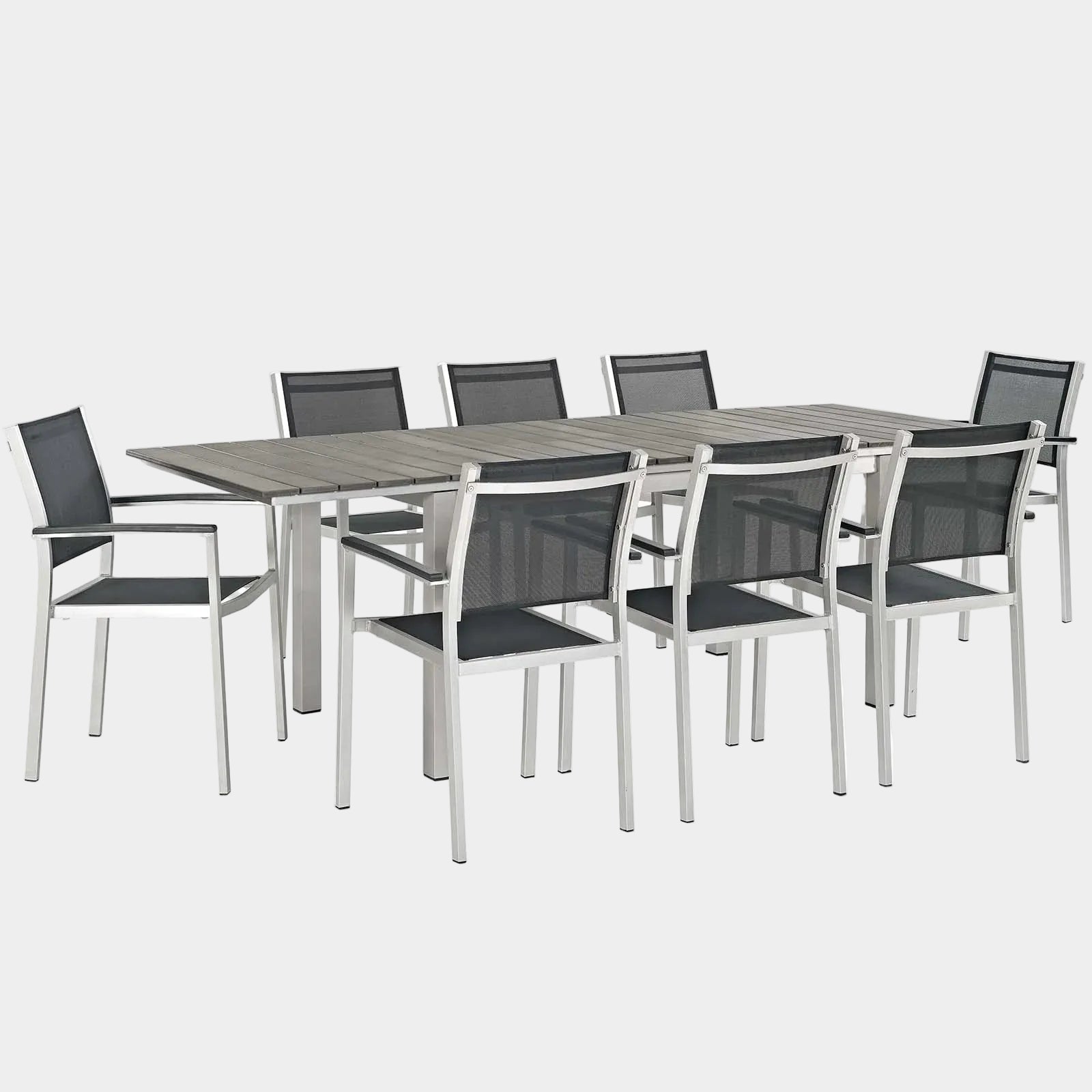 Shore 9 Piece Outdoor Patio Aluminum Dining Set in Silver Black