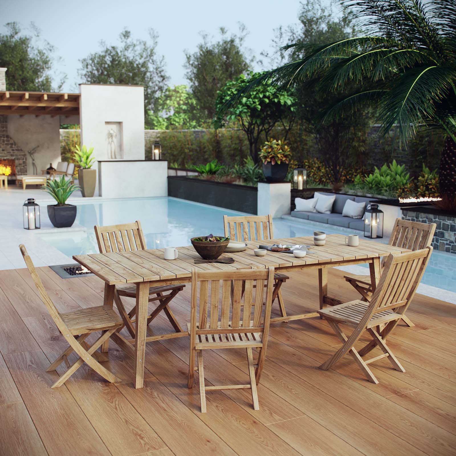 Marina 7 Piece Outdoor Patio Teak Dining Set in Natural