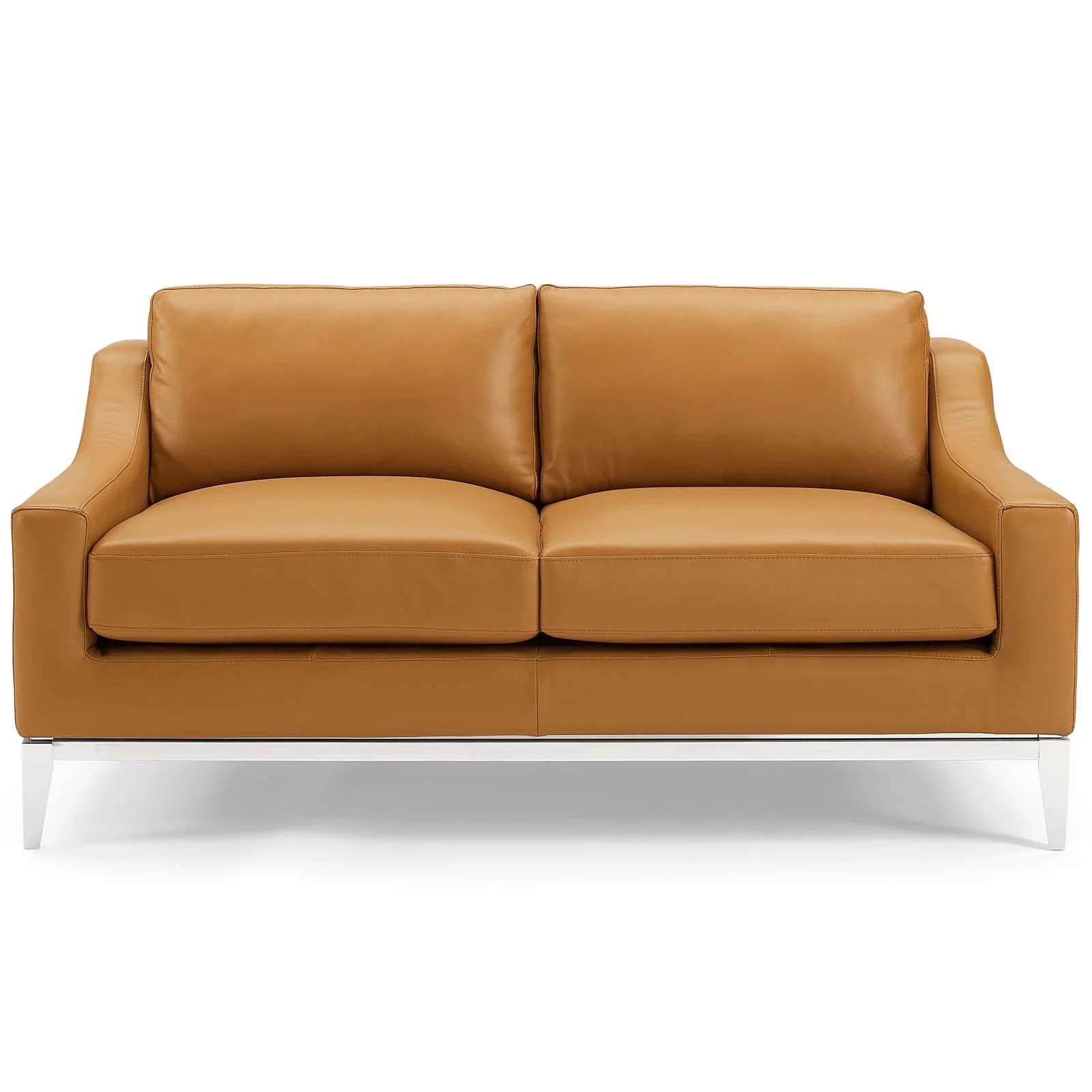 Harness 64" Stainless Steel Base Leather Loveseat in Tan