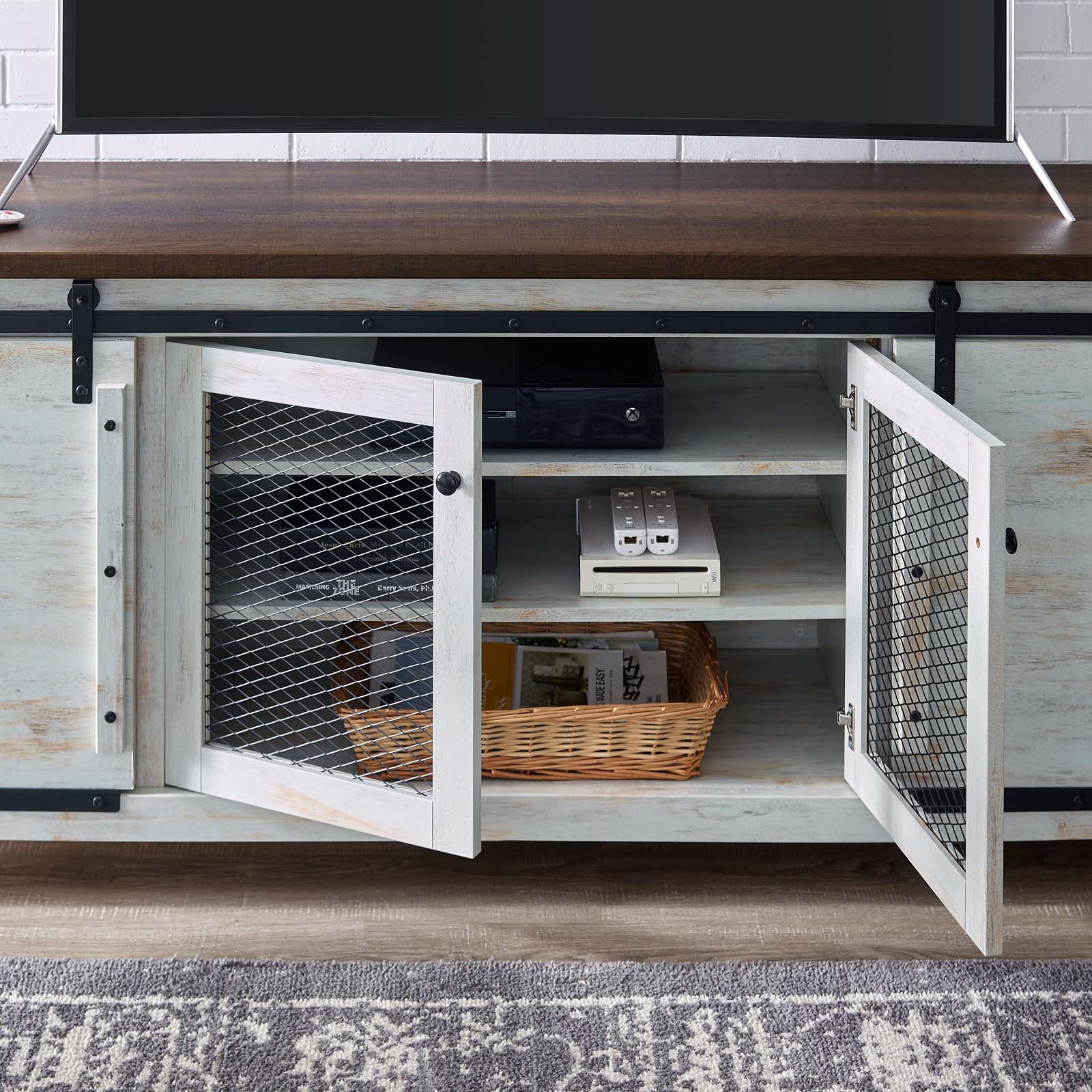 Bennington 71" Rustic Sliding Door TV Stand in White